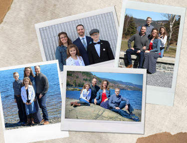 collage of four family photos on a brown canvas background